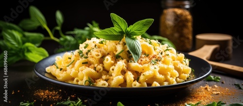 Mac and cheese with Parmesan and herbs on a plate. photo