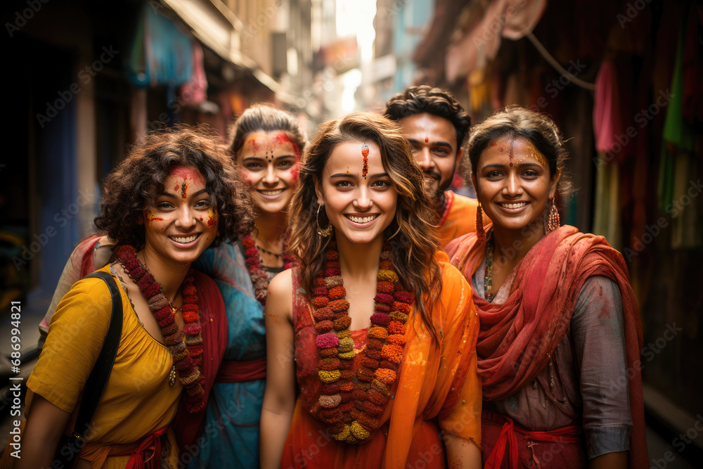 A group of joyful friends celebrating Holi, the traditional Indian festival of colors, smiling in a vibrant urban setting. A group of joyful friends celebrating Holi, the traditional Indian festival of colors, smiling in a vibrant urban setting.