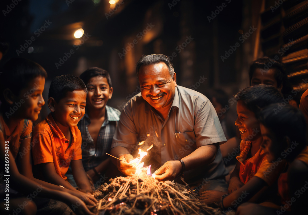 A joyful gathering of a family with children and an elder around a warm bonfire, sharing stories and laughter at night.
