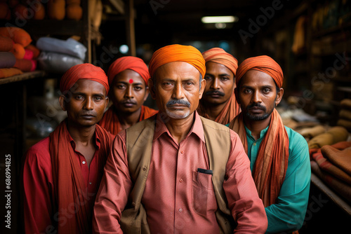 Portrait of a group of Indian men wearing traditional turbans, standing confidently in a market environment. photo