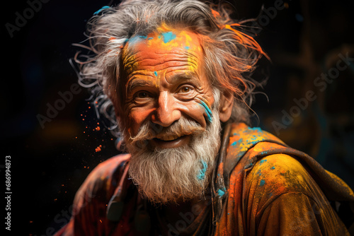 Portrait of a joyful elderly man with colorful paint on his face celebrating the Holi festival in India.
