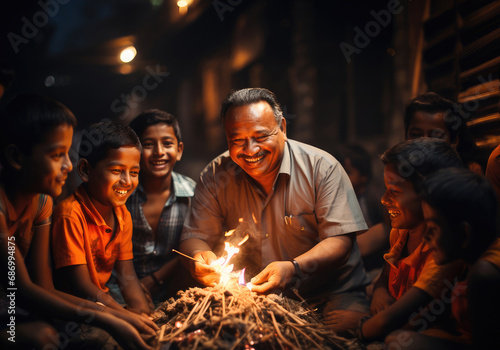 A joyful gathering of a family with children and an elder around a warm bonfire, sharing stories and laughter at night.