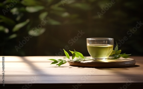 Refreshing Glass of Green Tea on Wooden Tabletop with Harmonious Atmosphere