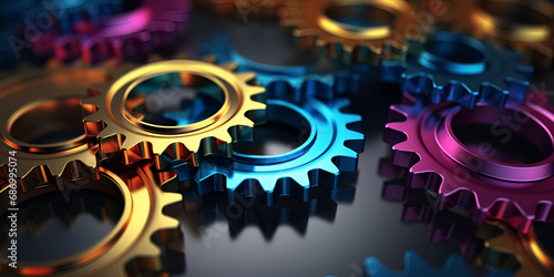 Vibrant Industry Image,Powerful Engine Images,Cogs in Process ,gears are arranged in a pile with a blue center. photo