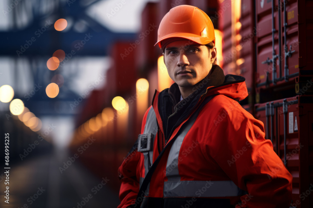Logistics Worker Overseeing Cargo at Dusk in Container Port Logistics Worker Overseeing Cargo at Dusk in Container Port