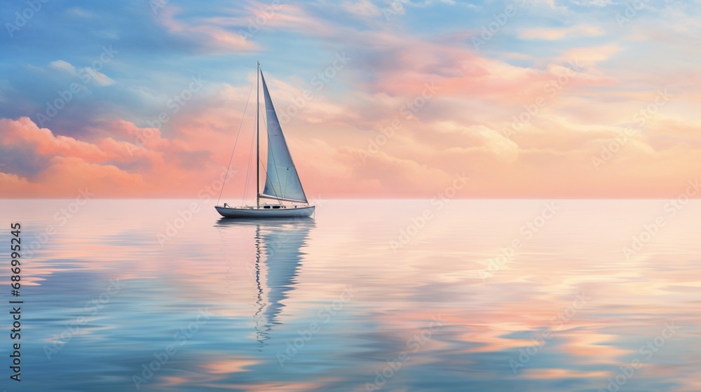 a lone sailboat rests at anchor, the soft pastel colors of the sky mirrored on the calm water, and pelicans gracefully gliding nearby.