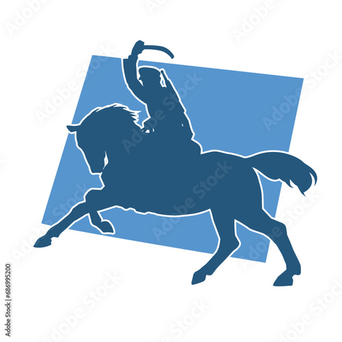 Silhouette of a cavalry soldier ride a horse with blue background.