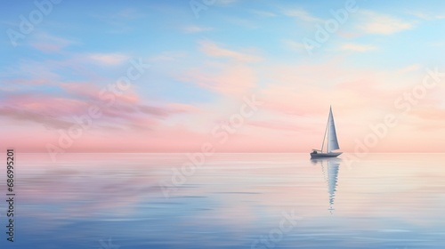 a lone sailboat rests at anchor  the soft pastel colors of the sky mirrored on the calm water  and pelicans gracefully gliding nearby.