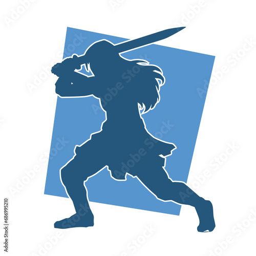 Silhouette of a female fighter in action pose carrying sword weapon.