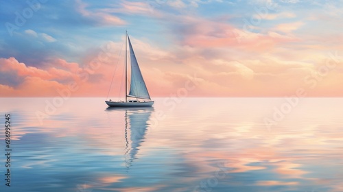 a lone sailboat rests at anchor, the soft pastel colors of the sky mirrored on the calm water, and pelicans gracefully gliding nearby.