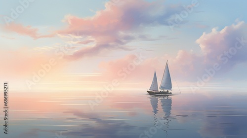 a lone sailboat rests at anchor, the soft pastel colors of the sky mirrored on the calm water, and pelicans gracefully gliding nearby. © baloch