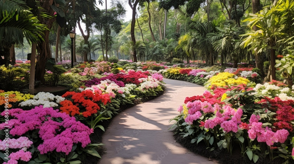 A lush botanical garden filled with diverse and colorful flowers, each petal and leaf a testimony to nature's beauty.