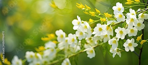spring garden, the beautiful white flowers with yellow blossoms add a touch of floral beauty against the green backdrop of nature, creating a stunning macro view of the background flora. © TheWaterMeloonProjec