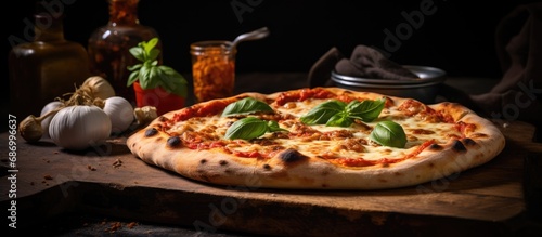 Gourmet Italian pizza made with tomato sauce, mozzarella cheese, and rustic, high-hydration dough, baked in a Mediterranean-style oven with a long fermentation process. Shovel-baked for a delicious