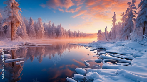 Beautiful Winter Landscape with River at Sunset
