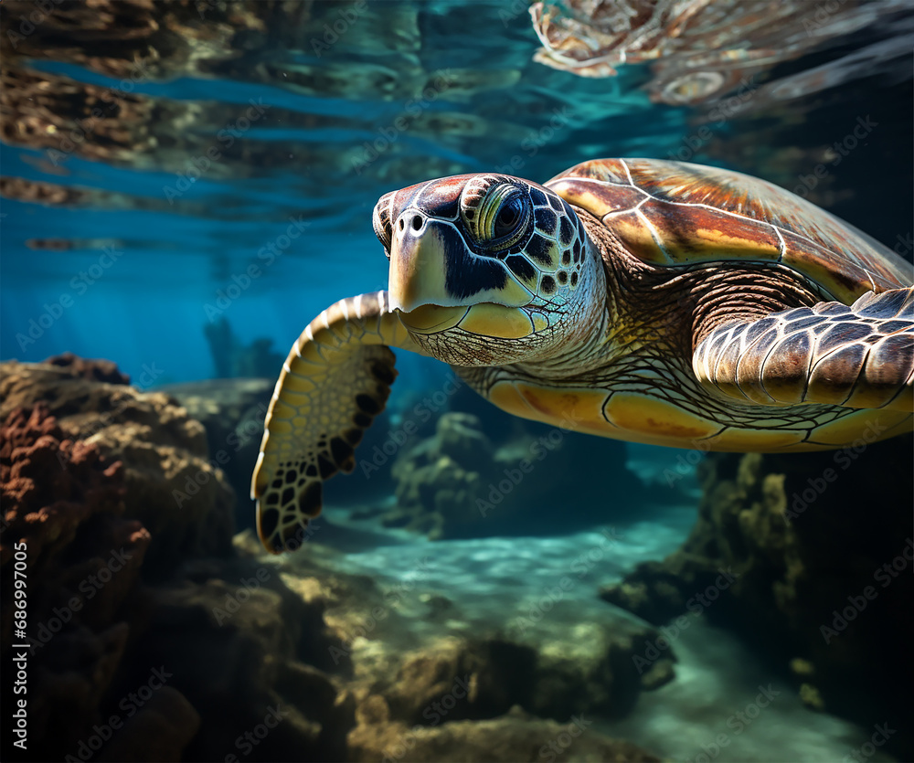 Fototapeta premium an adult green sea turtle gracefully swimming near a sandy reef
