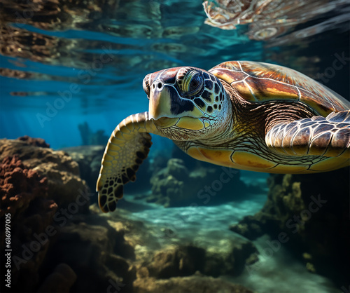 an adult green sea turtle gracefully swimming near a sandy reef
