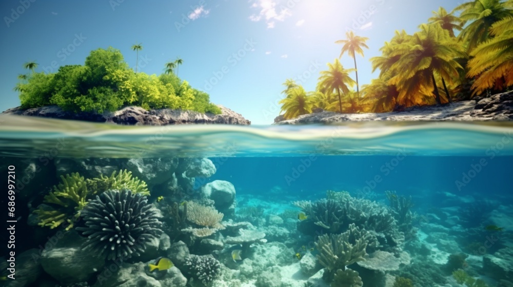 Split View Of Tropical Island And Coral Reef With Waterline Split View Of Tropical Island And Coral Reef With Waterline