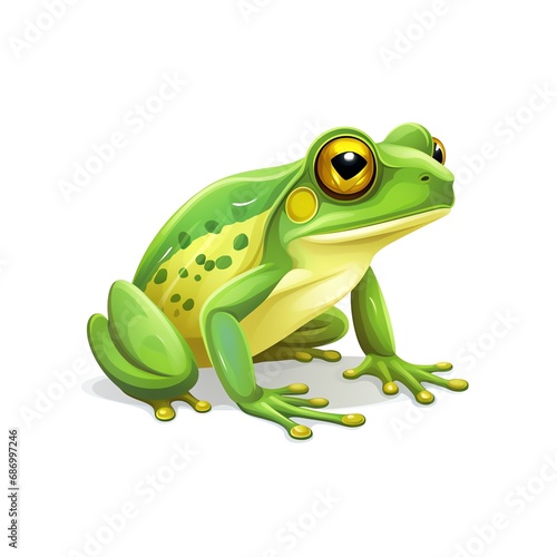 a green frog with yellow eyes