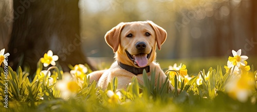spring sun, a cute yellow Labrador Retriever, with a sweet and adorable smile, played happily at the park, spreading joy and happiness as the embodiment of a true friend, displaying its pedigree breed photo