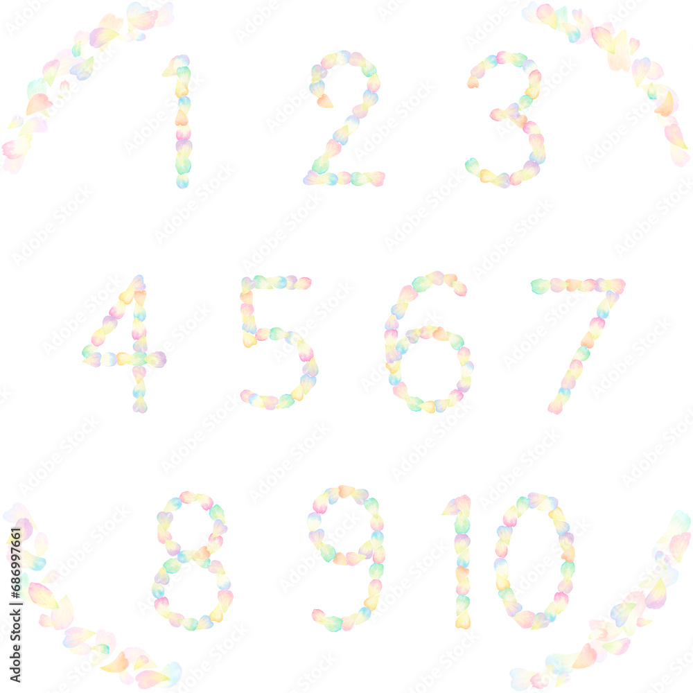 パステルカラーの花びらで作り上げた1から10までの数字アイコン。水彩イラストを使用。 パステルカラーの花びらで作り上げた1から10までの数字アイコン。水彩イラストを使用。