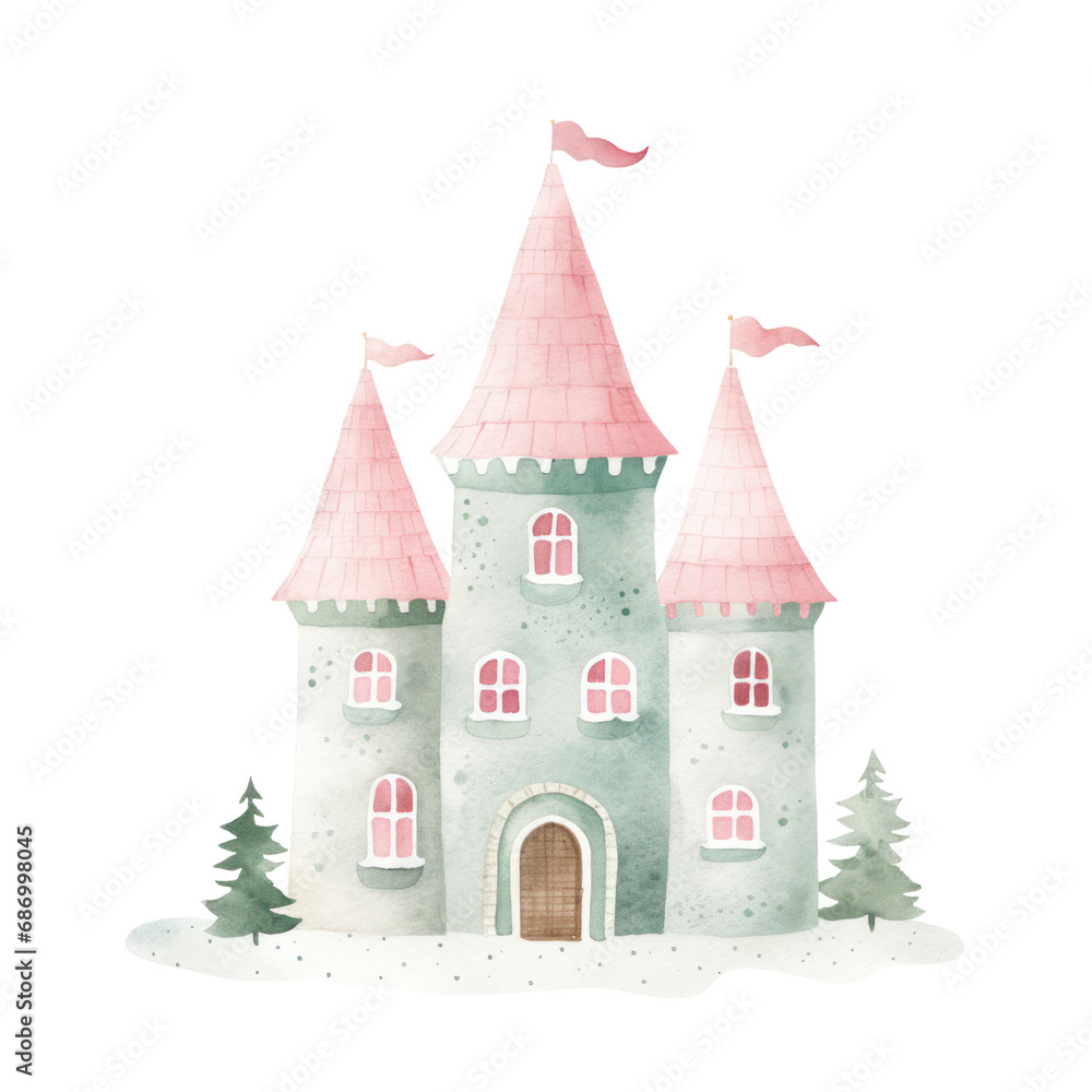 Watercolor illustration of winter castle isolated on background.