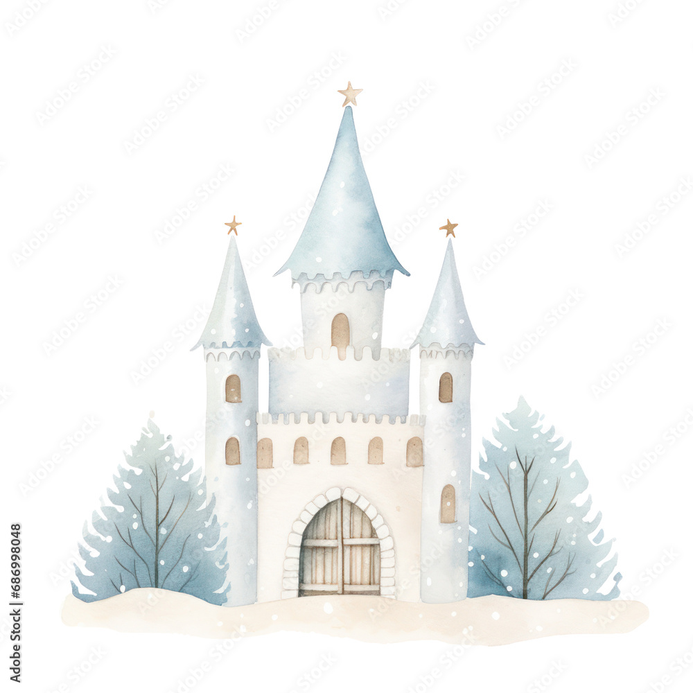 Fototapeta premium Watercolor illustration of winter castle isolated on background.