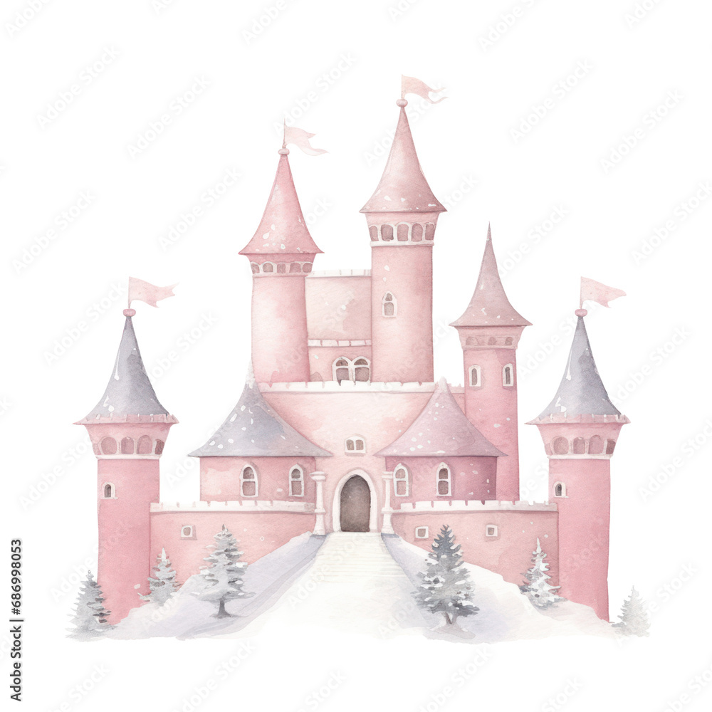 Watercolor illustration of winter castle isolated on background.