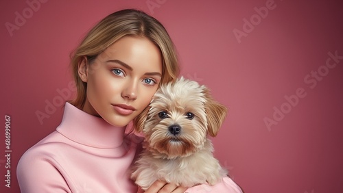 Stylish model in pink polo top holding a dog on a pink background