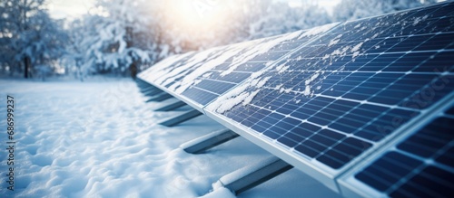 Snow-covered solar panels. Winter photovoltaic installation. Cold weather alternative energy. photo