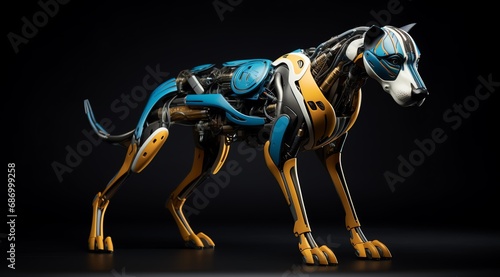 a robot dog with blue and yellow parts