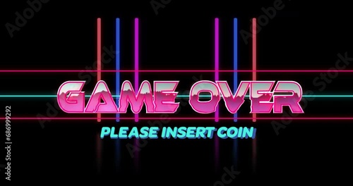 Animation of game over please insert coin text over colourful lines on black background