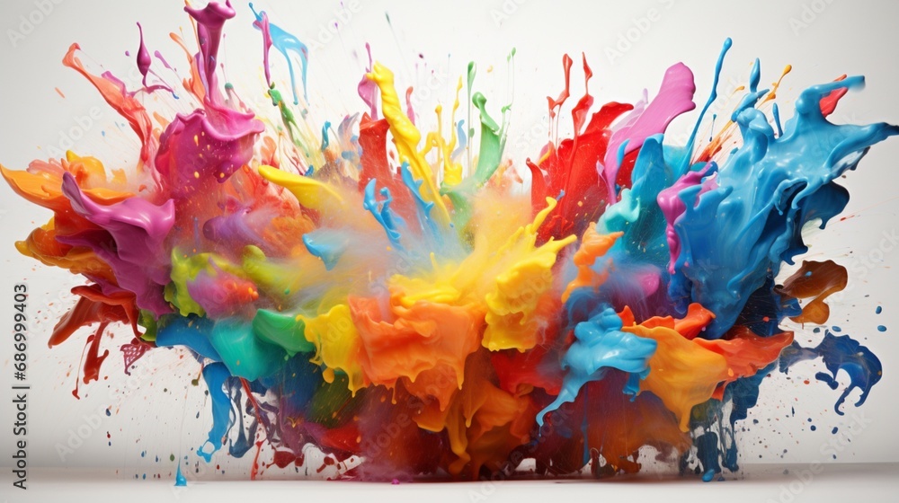 a paint explosion, with various colors converging to create a harmonious and artistic display on a snowy white backdrop.