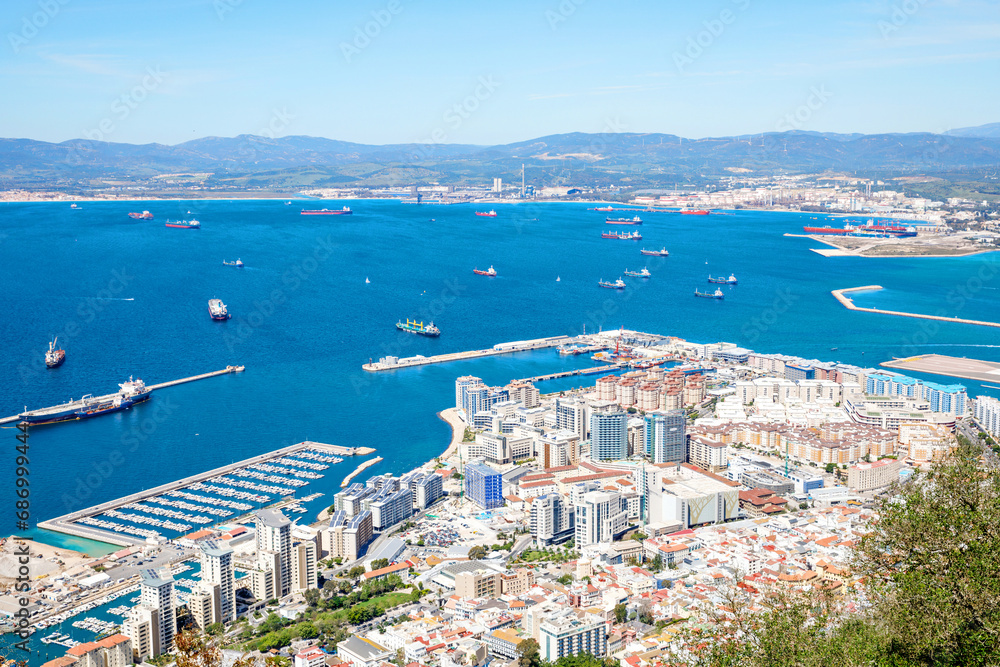 Aerial view of Gibraltar, Algeciras Bay and La Linea de la Concepcion from the Upper Rock. View on coastal city from above.