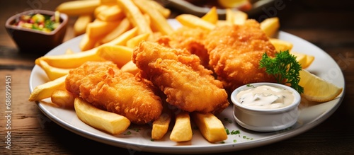 Photo of fried fish and chips with tartar sauce on white plate on kitchen table.