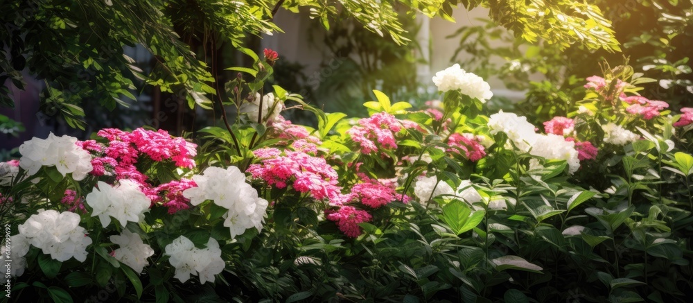 serene background of a garden, amidst the vibrant green plants and blooming flowers, the pink petals of a white floral plant paint a picturesque summer scene in harmony with natures colors and the