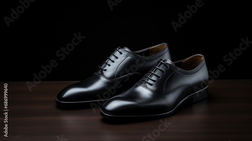 A pair of stylish, minimalistic black leather shoes, perfectly arranged side by side.