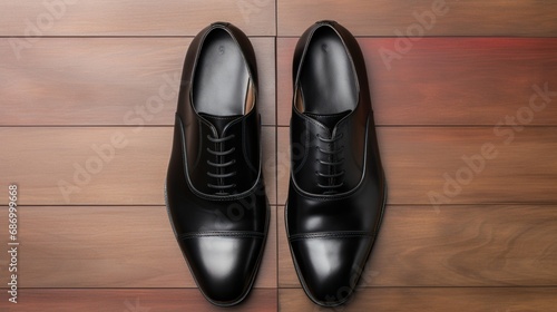 A pair of stylish, minimalistic black leather shoes, perfectly arranged side by side.