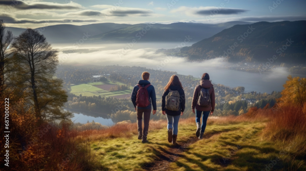 Digital composite of Couple walking on hill with fog and lake in background