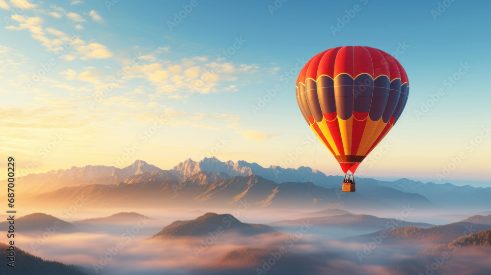 Obraz premium Hot air balloon flying over the valley at sunrise.