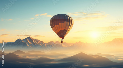 Hot air balloon flying over the clouds at sunset.