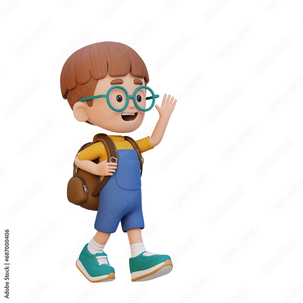 3D happy kid character walking and waving hand