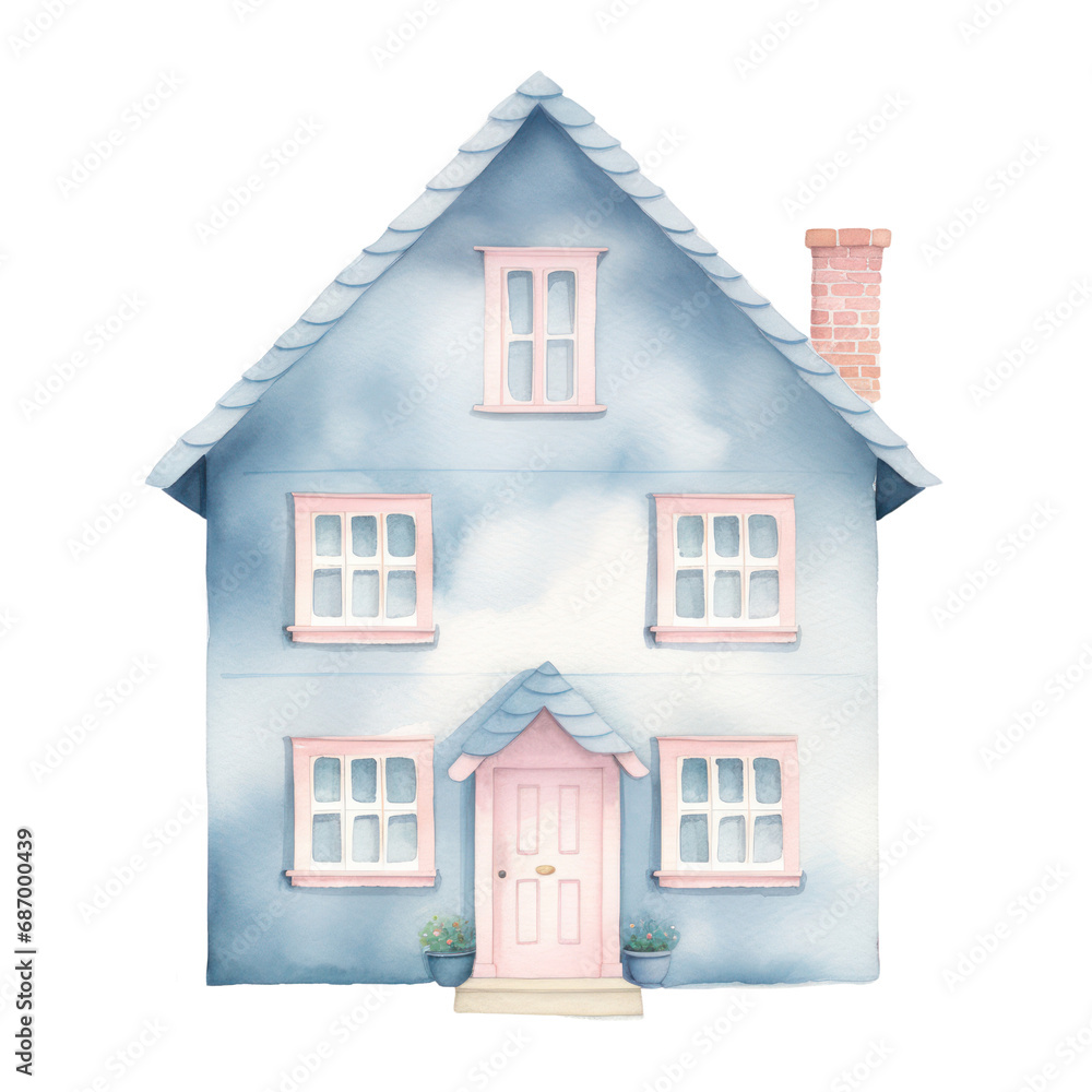 Watercolor illustration of small cute house isolated on background.