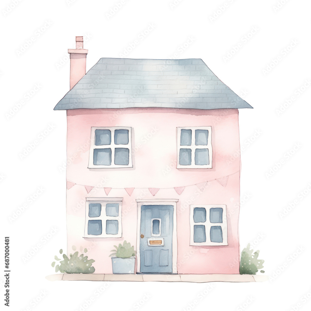 Watercolor illustration of small cute house isolated on background.