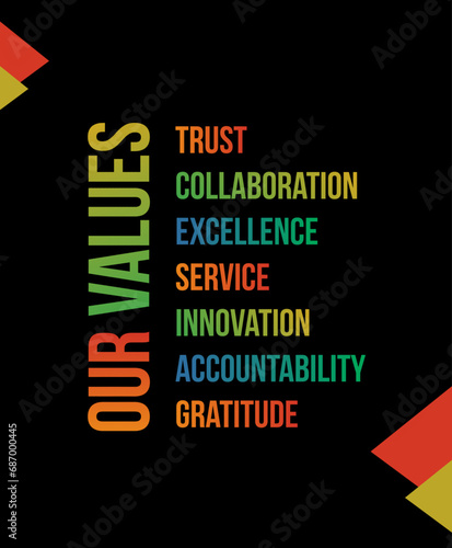 Our Values Typography Poster or Wall Decal, Office Branding Template Vector
