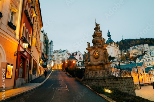 Panoramic view of Karlovy Vary in autumn, colored houses