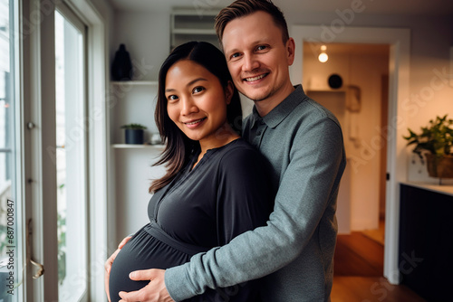 pregnant asian woman with her caucasian partner hugging her