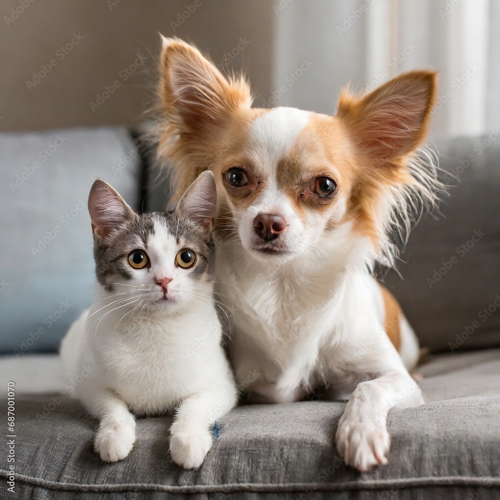 Adorable chihuahua and white kitten lying together. Generative AI