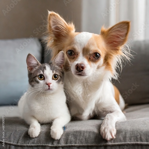 Adorable chihuahua and white kitten lying together. Generative AI