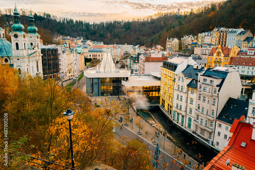 Panoramic view of Karlovy Vary in autumn, colored houses photo